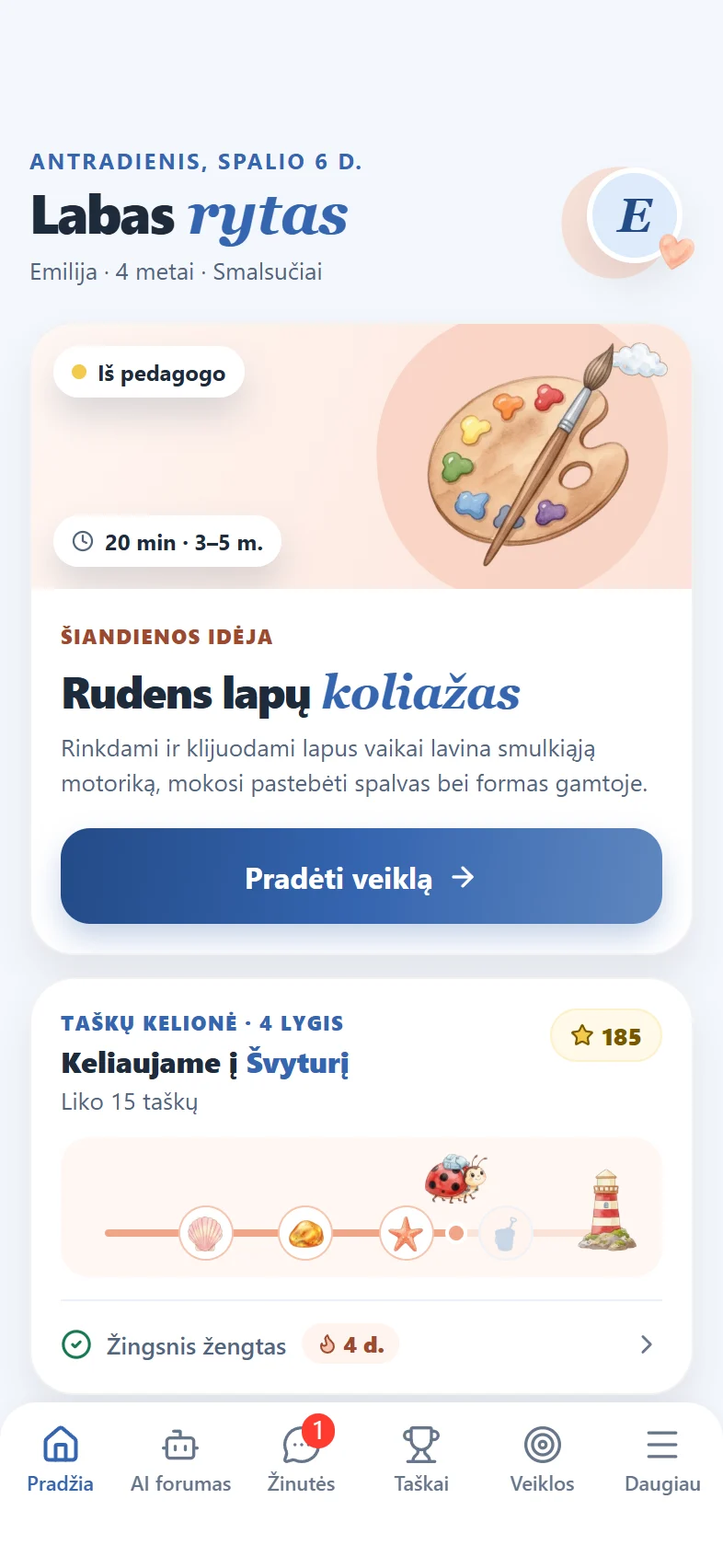 Laviju programėlės pradžios ekranas: pedagogo pasiūlyta šiandienos veikla ir vaiko taškų kelionė