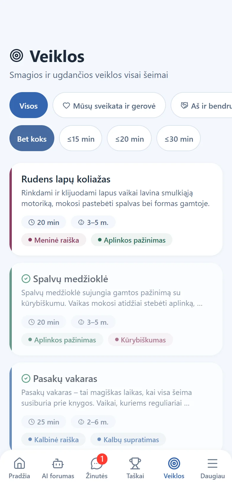 Laviju veiklų ekranas: grupės veikla ir katalogo veiklos, dalis jų pažymėtos kaip atliktos